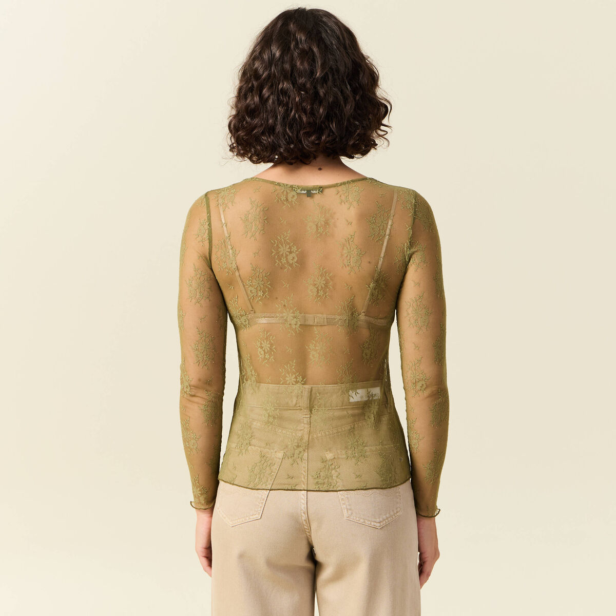 T-shirt ajust&eacute; manches longues col rond vert kaki femme