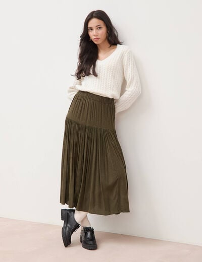 Jupe longue &eacute;vas&eacute;e taille haute vert kaki femme