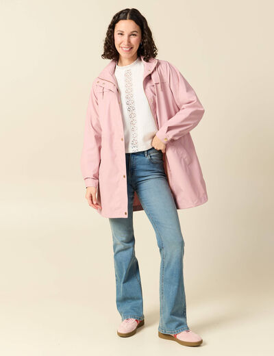 Parka longue droite d&eacute;perlante &agrave; capuche rose pastel femme