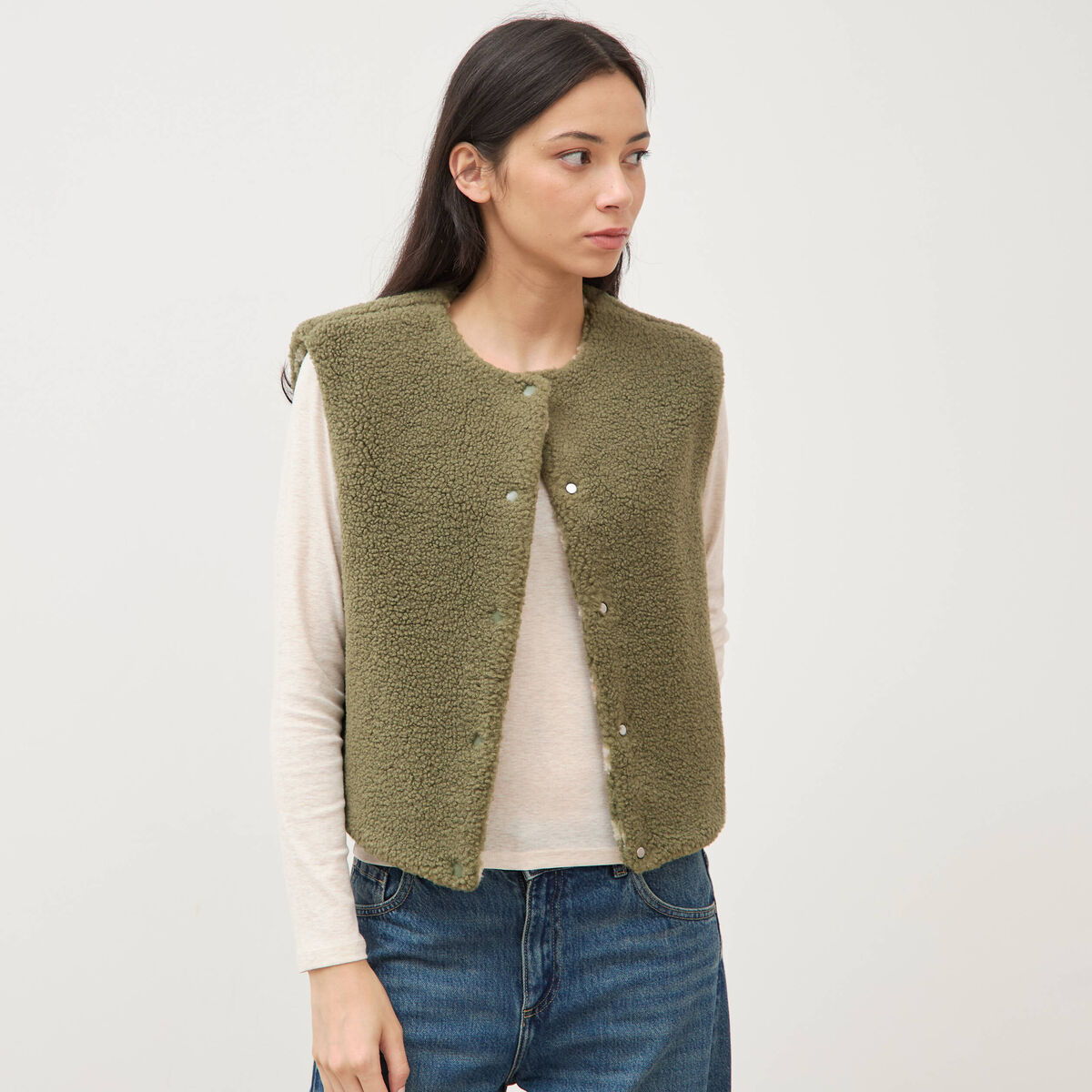 Gilet sans manches r&eacute;versible vert kaki femme