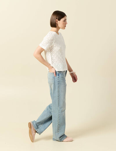 T-shirt ajour&eacute; col rond manches courtes ecru femme