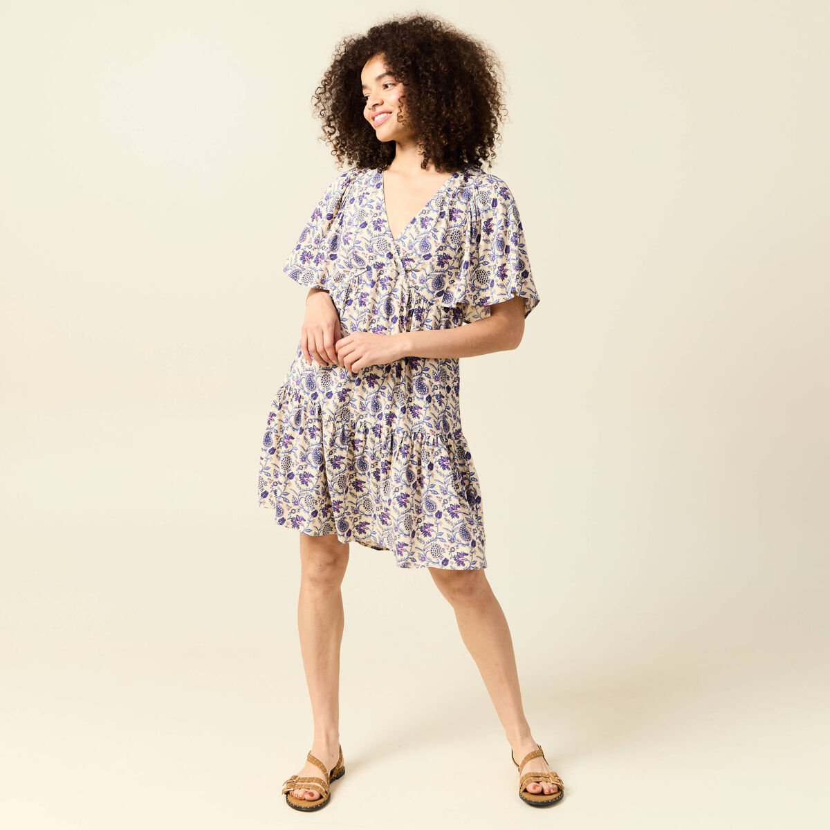 Robe col V manches courtes bleu femme