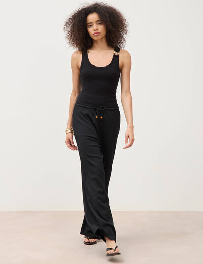 Pantalon large taille haute ceinture noir femme