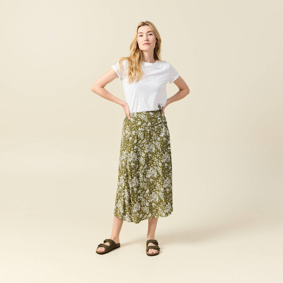 Jupe longue portefeuille vert olive femme