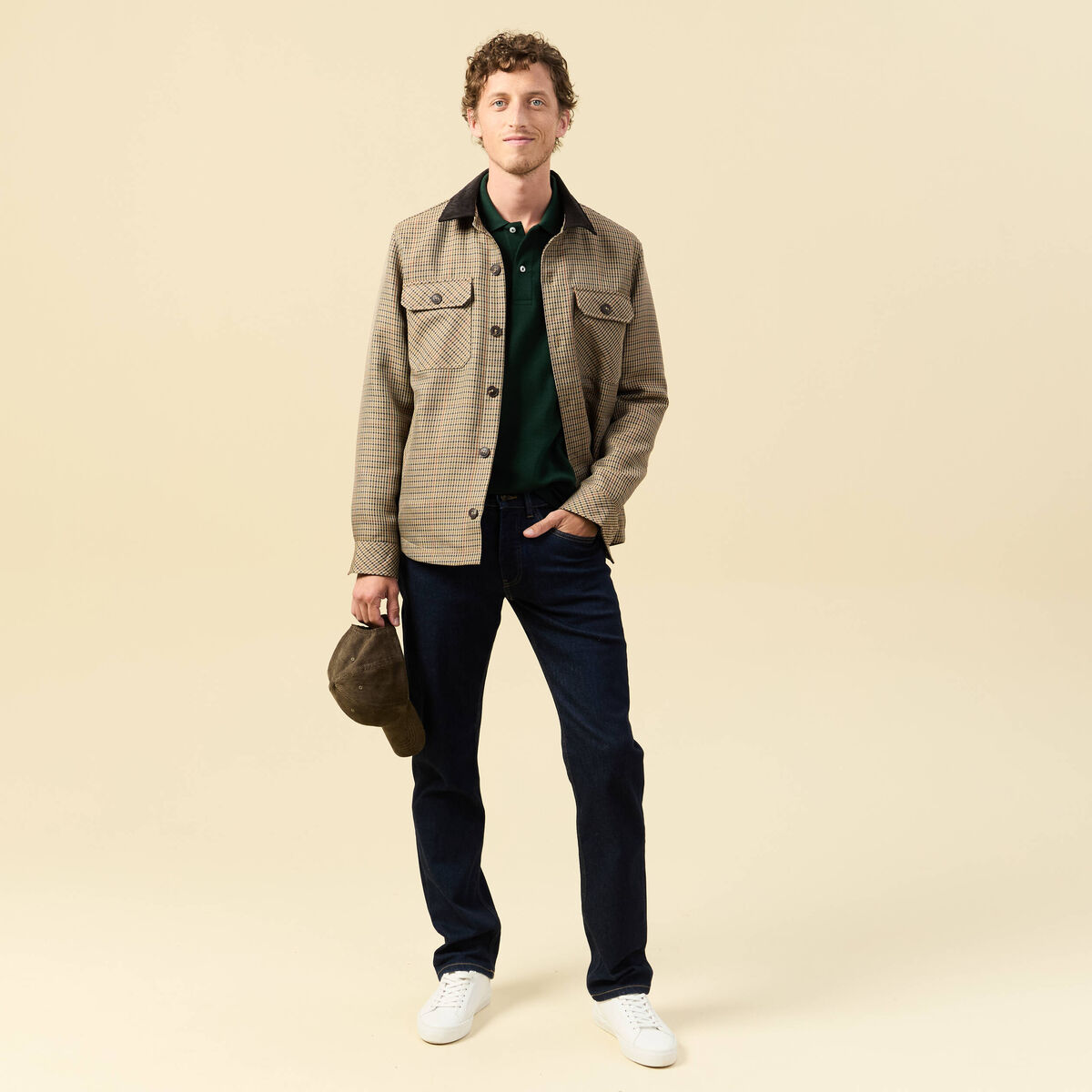 Polo manches longues en coton vert fonc&eacute; homme