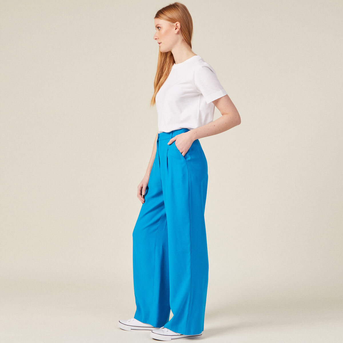 Pantalon large à pinces bleu femme