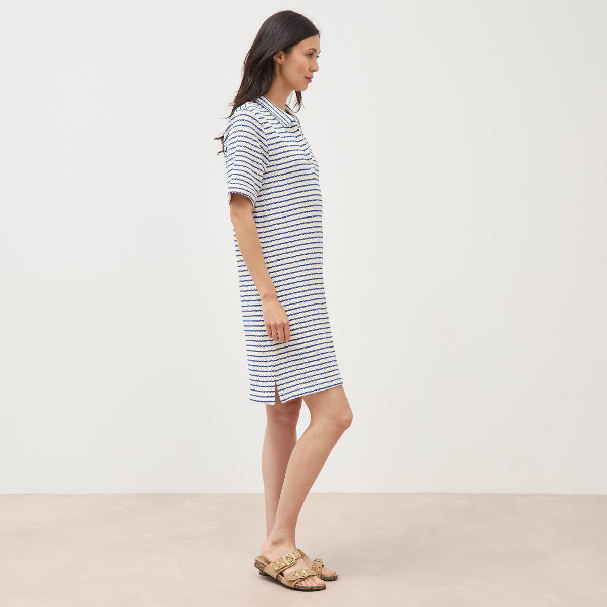 Robe manches courtes en maille ecru femme