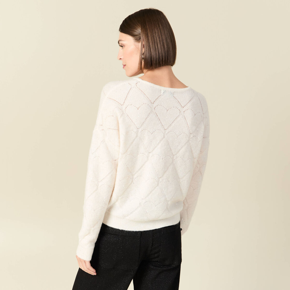 Pull manches longues col rond brillant ecru femme