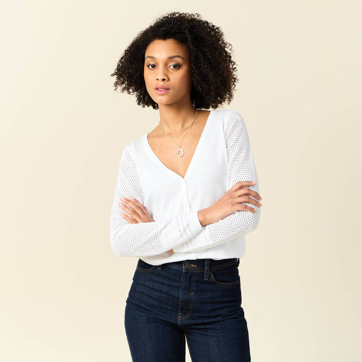 Gilet manches longues boutonné blanc femme