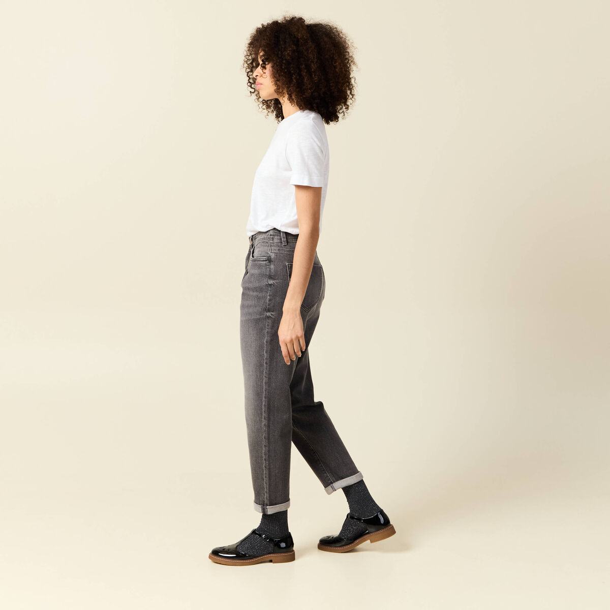 Pantalon mom taille haute 7/8&egrave;me denim denim gris femme