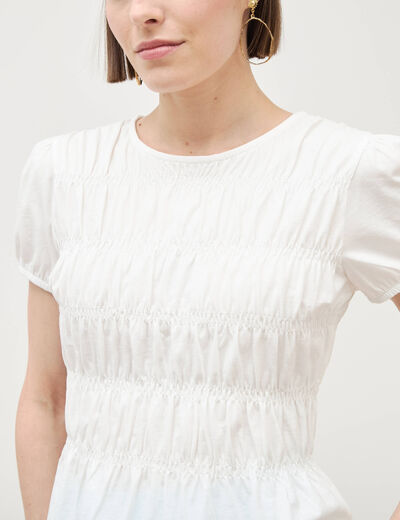 T-shirt fronc&eacute; col rond manches courtes ecru femme
