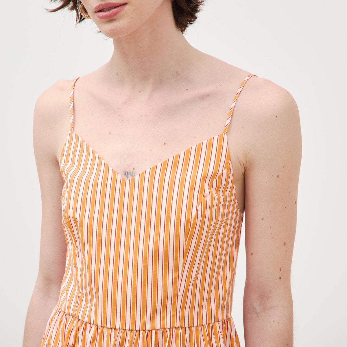 Robe bretelle col c&oelig;ur en coton orange abricot femme