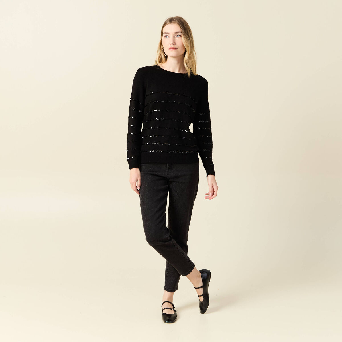 Pull manches longues sequins noir femme