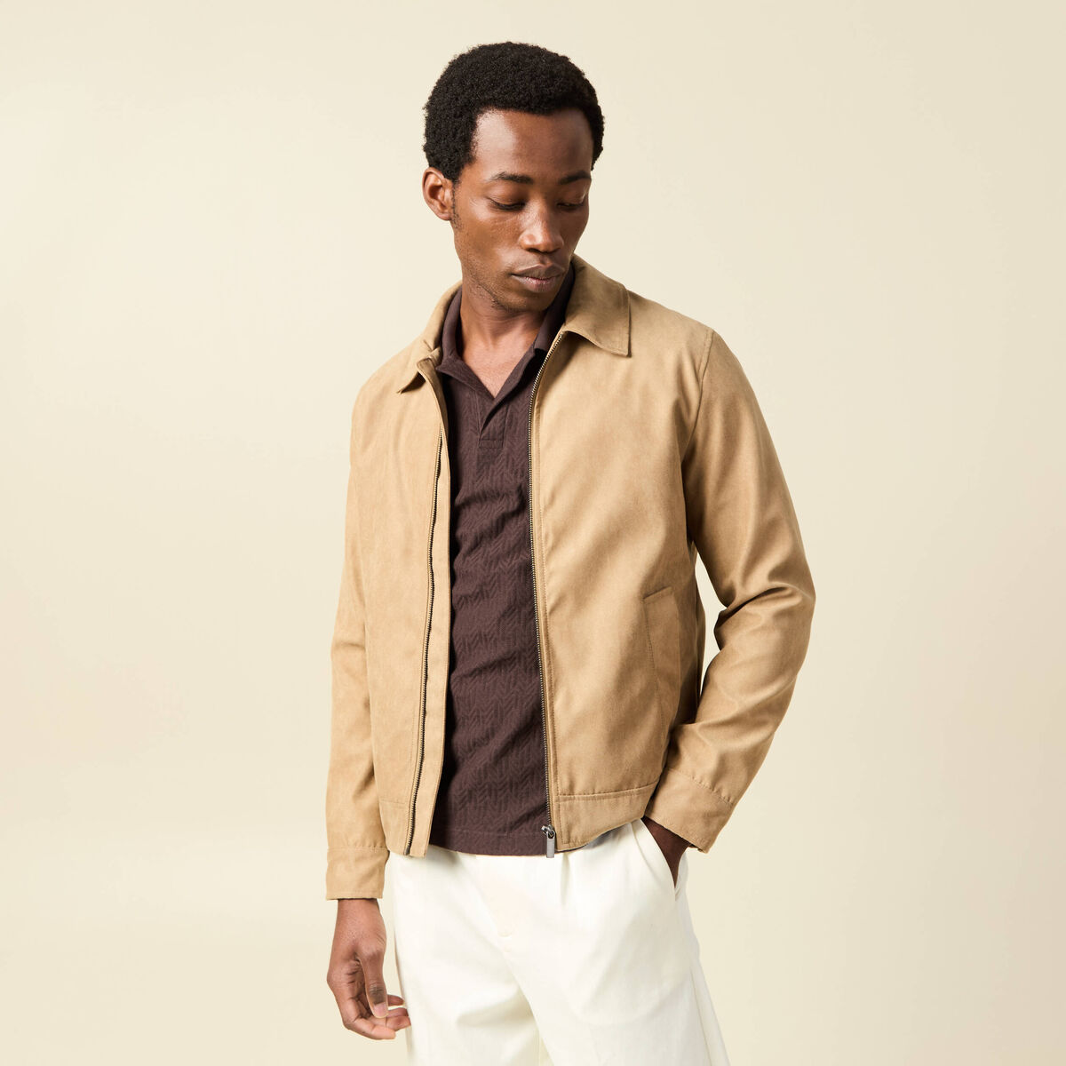 Blouson droit court &agrave; col classique marron homme