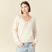 Pull col v manches longues en coton creme femme