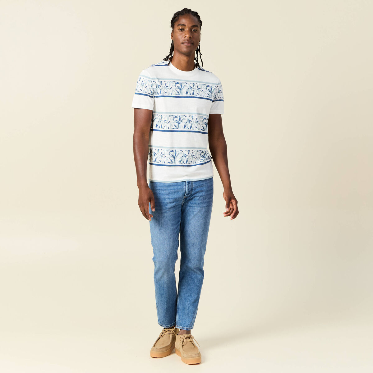 T-shirt ray&eacute; col rond manches courtes bleu homme