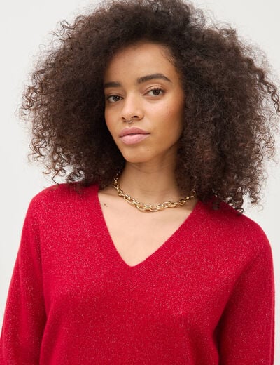 Pull droit col v manches longues rouge femme