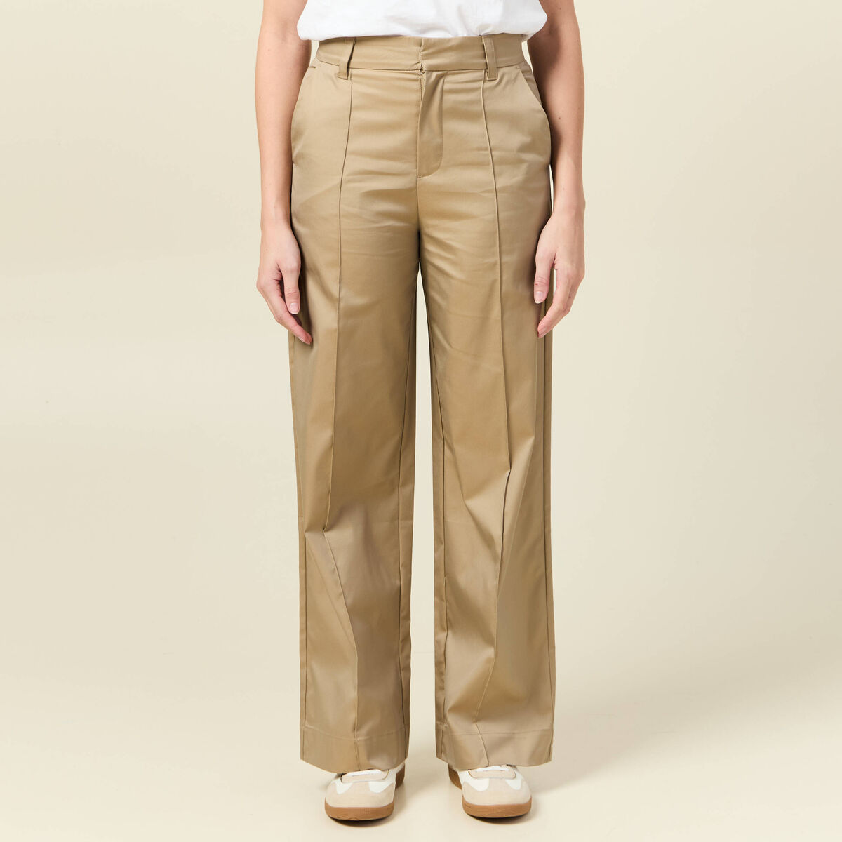 Pantalon large taille haute beige femme