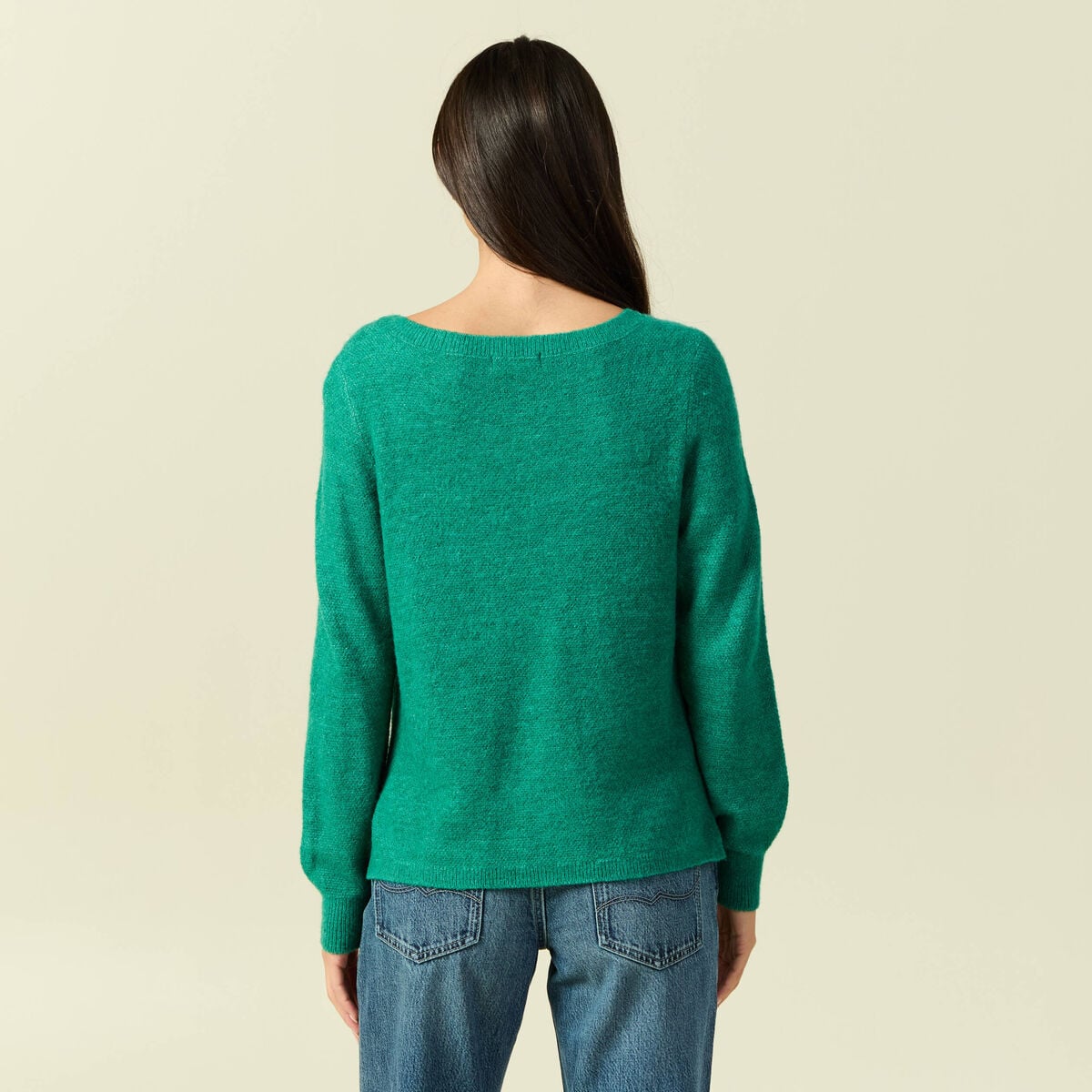Pull col bateau manches longues vert femme