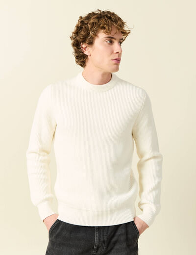 Pull fin manches longues col rond ecru homme
