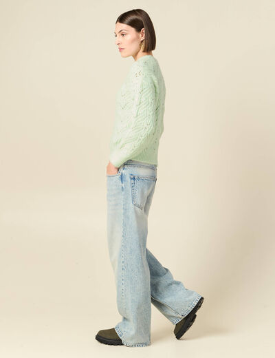 Pull ajour&eacute; droit court manches longues vert pastel femme