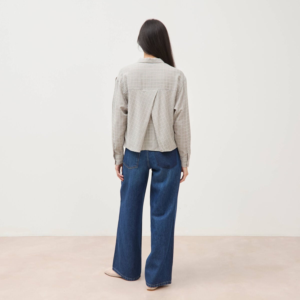 Chemise droite manches longues ray&eacute;e bleu gris femme