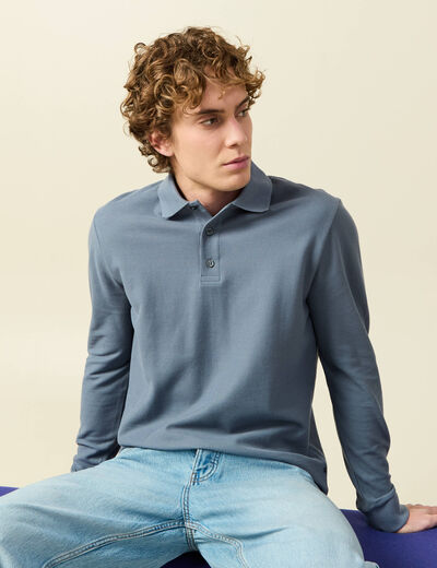 Polo manches longues en coton bleu gris homme