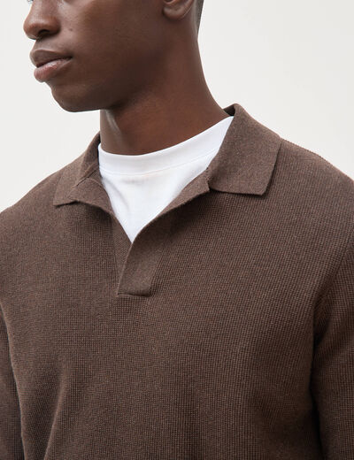 Pull droit col polo manches longues marron homme