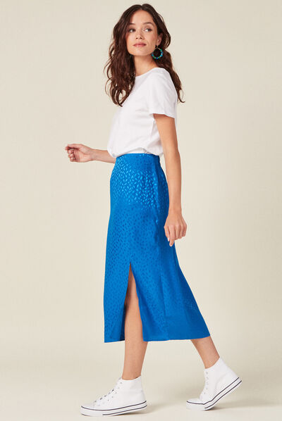 Jupe longue droite fendue bleu electrique femme