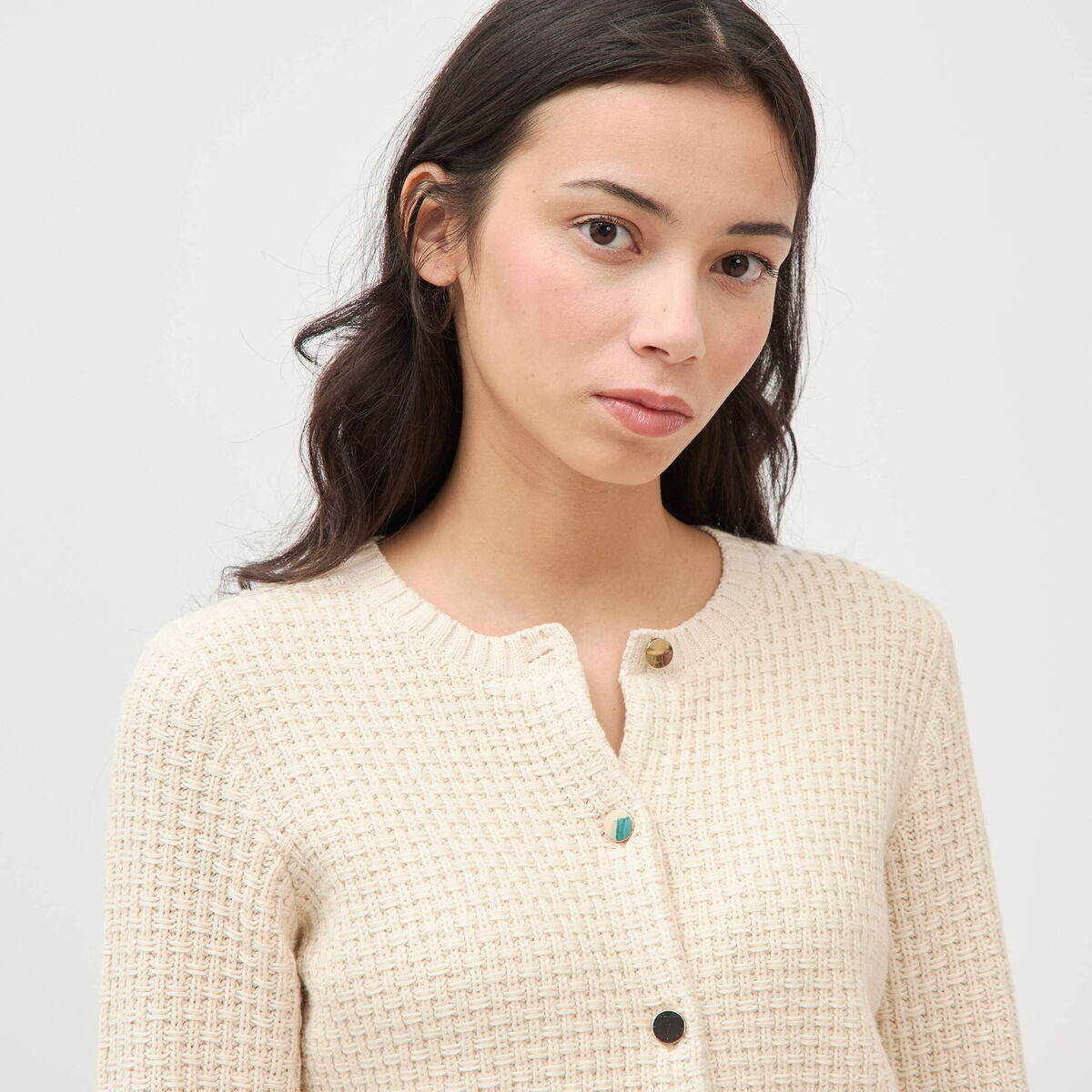 Gilet droit court manches longues ivoire femme