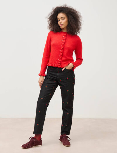Gilet droit manches longues col rond rouge femme