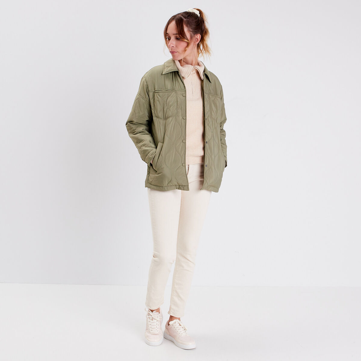 Manteau droit éco-responsable vert kaki femme