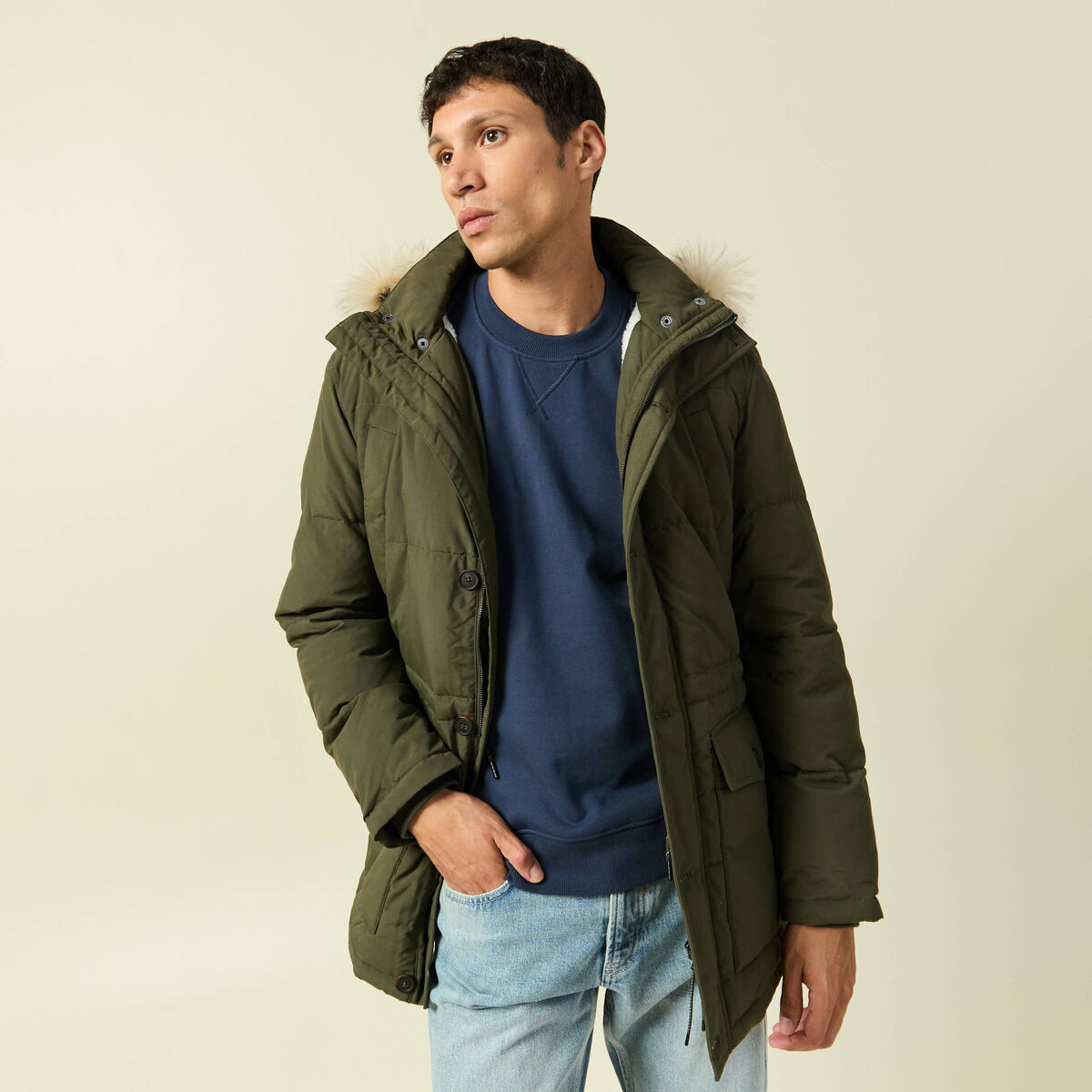 Parka longue droite &agrave; capuche vert kaki homme