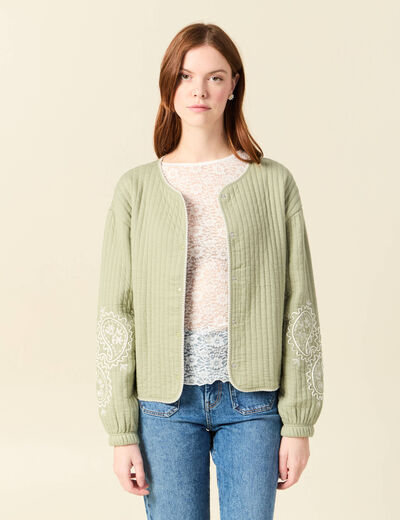 Cardigan droit court col rond brod&eacute; vert kaki femme