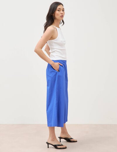 Pantalon large taille haute 3/4 en coton bleu electrique femme
