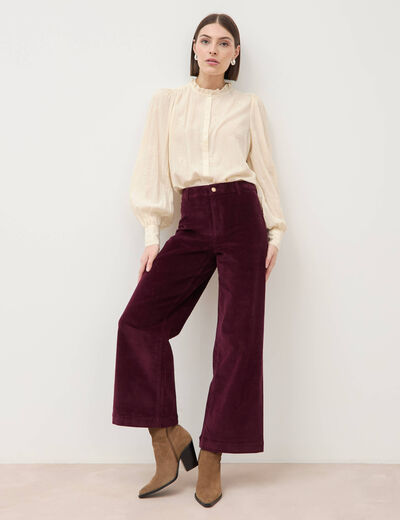 Pantalon large taille haute en velours prune femme