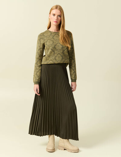Jupe pliss&eacute;e longue vert kaki femme