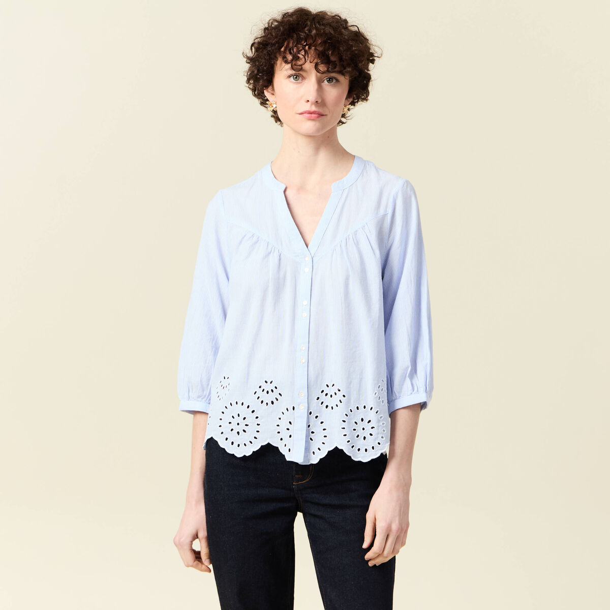 Chemise manches 3/4 brodée blanc femme