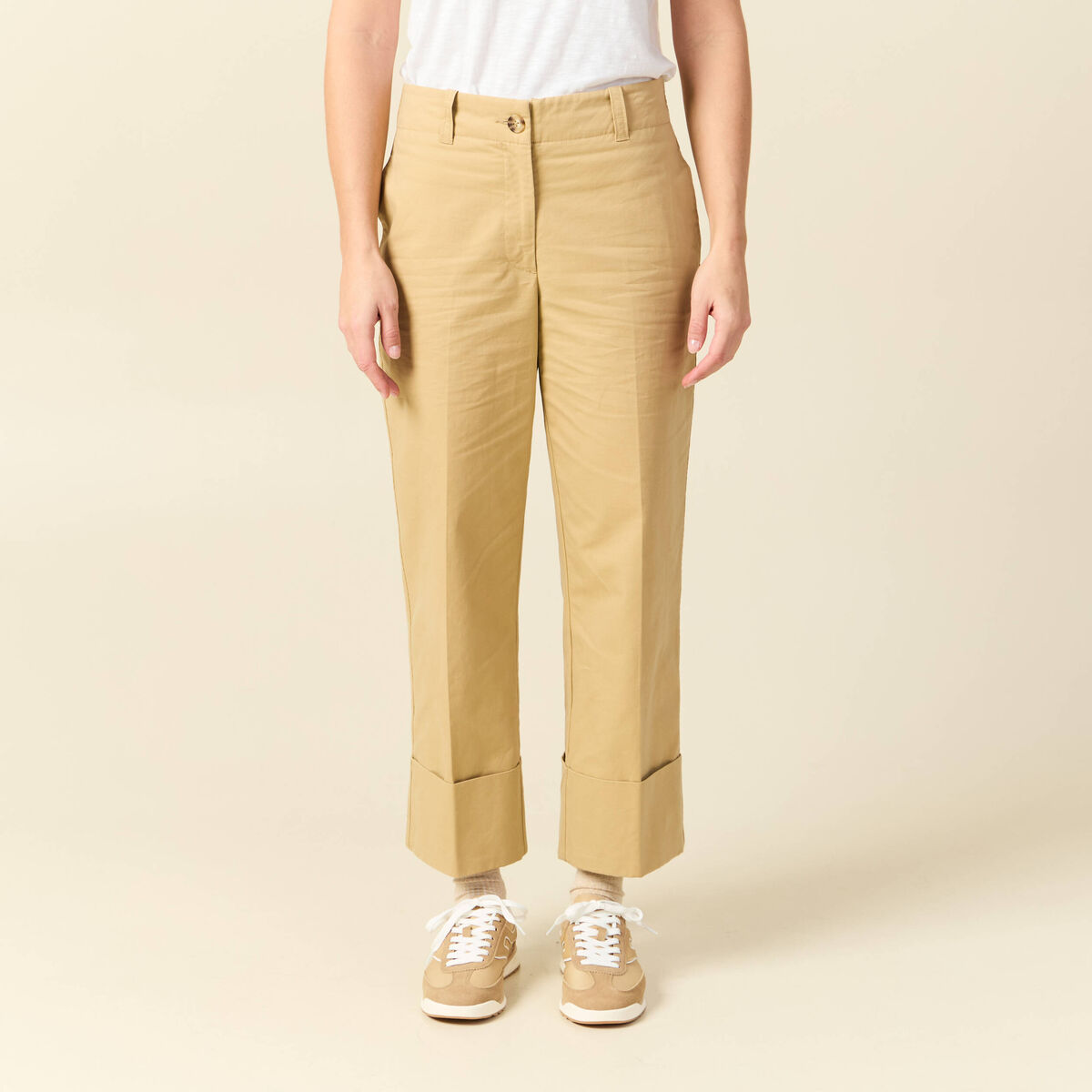 Pantalon large cropped taille haute beige femme