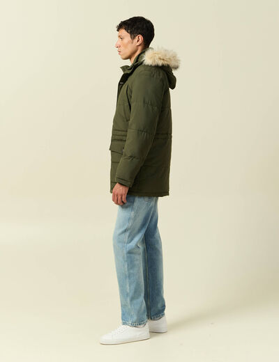 Parka longue droite &agrave; capuche vert kaki homme