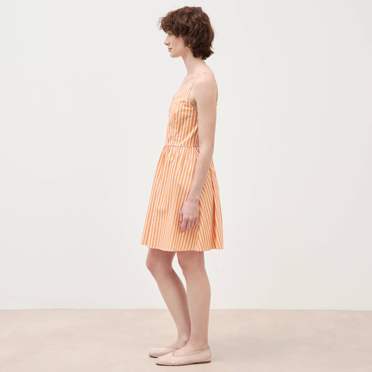 Robe bretelle col c&oelig;ur en coton orange abricot femme