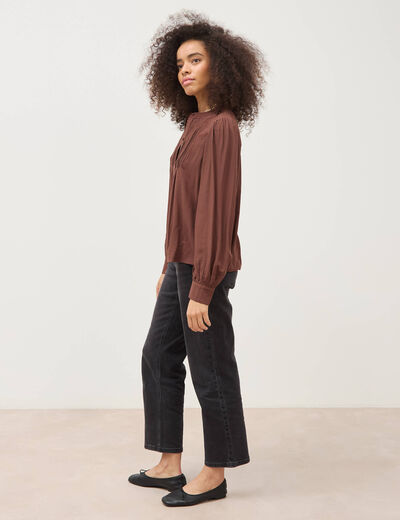 Blouse ajour&eacute;e col rond manches longues marron fonc&eacute; femme