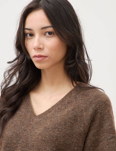 Pull droit col rond manches courtes marron femme