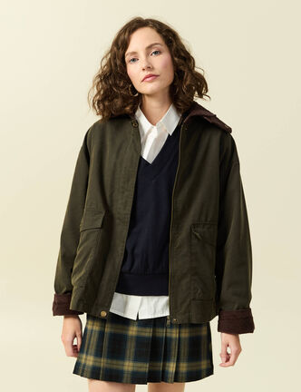 Parka oversize courte col classique vert kaki femme