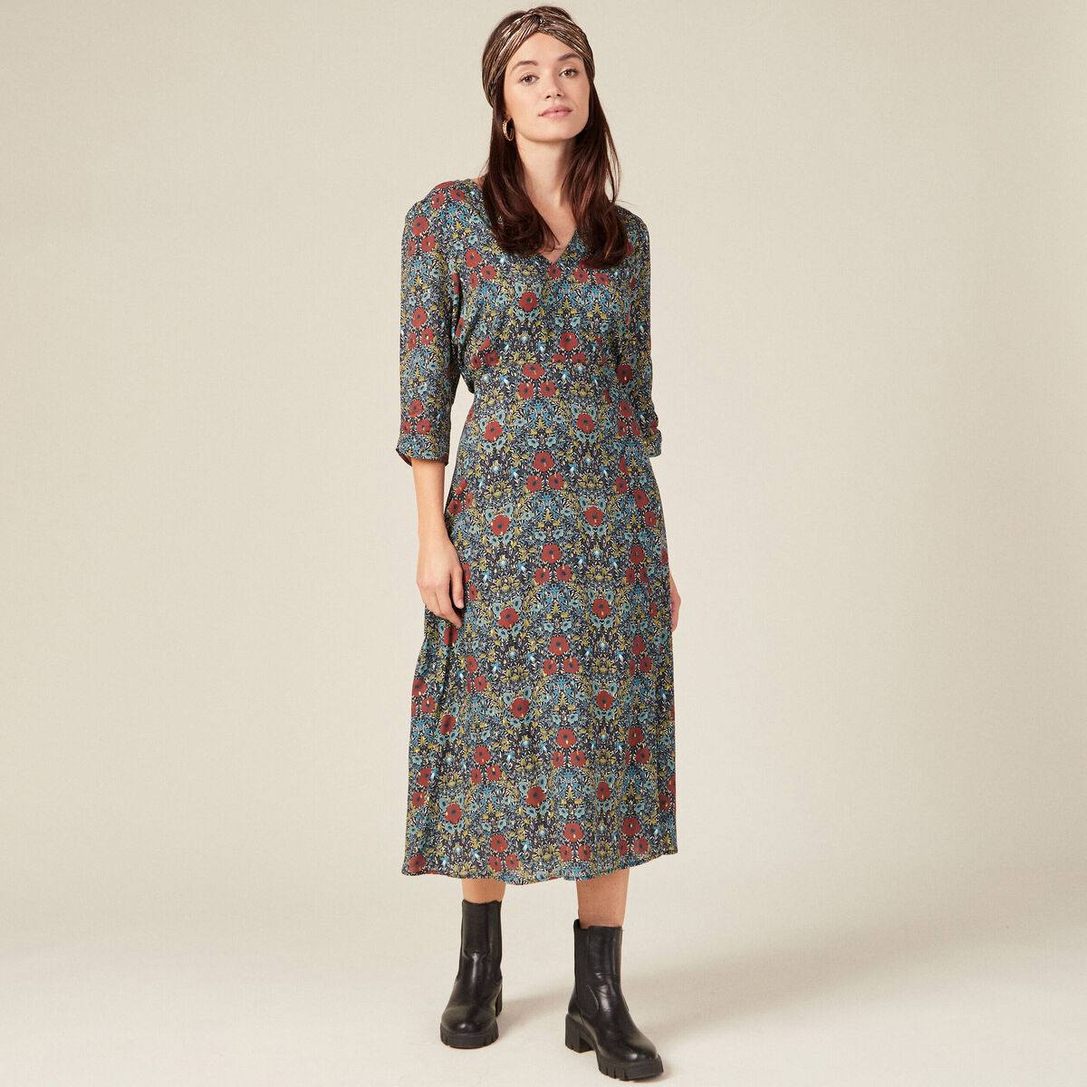 Robe longue évasée noir femme
