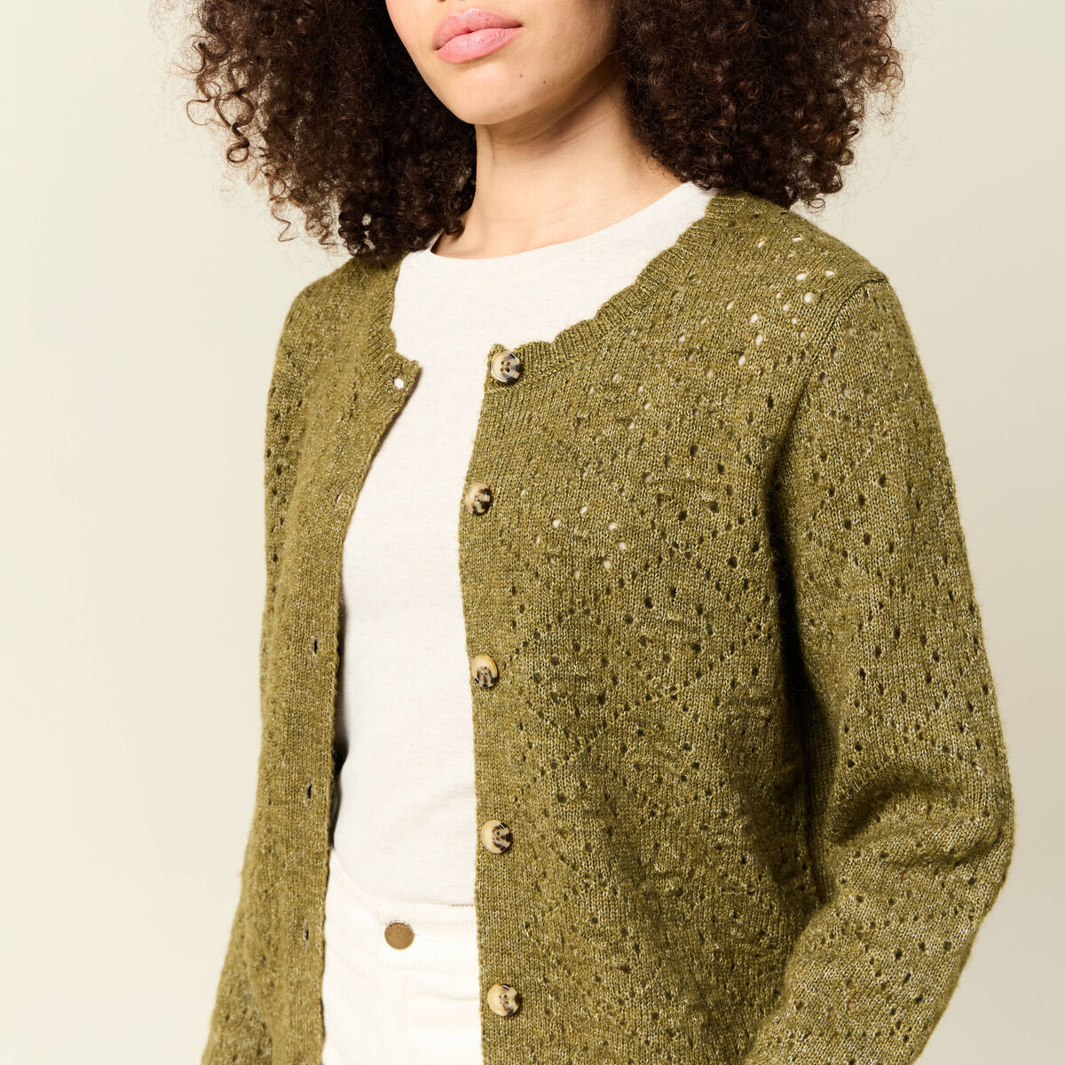 Gilet manches longues col rond vert kaki femme