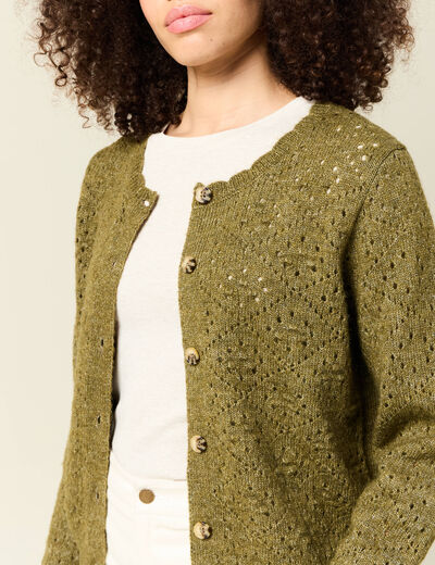 Gilet manches longues col rond vert kaki femme