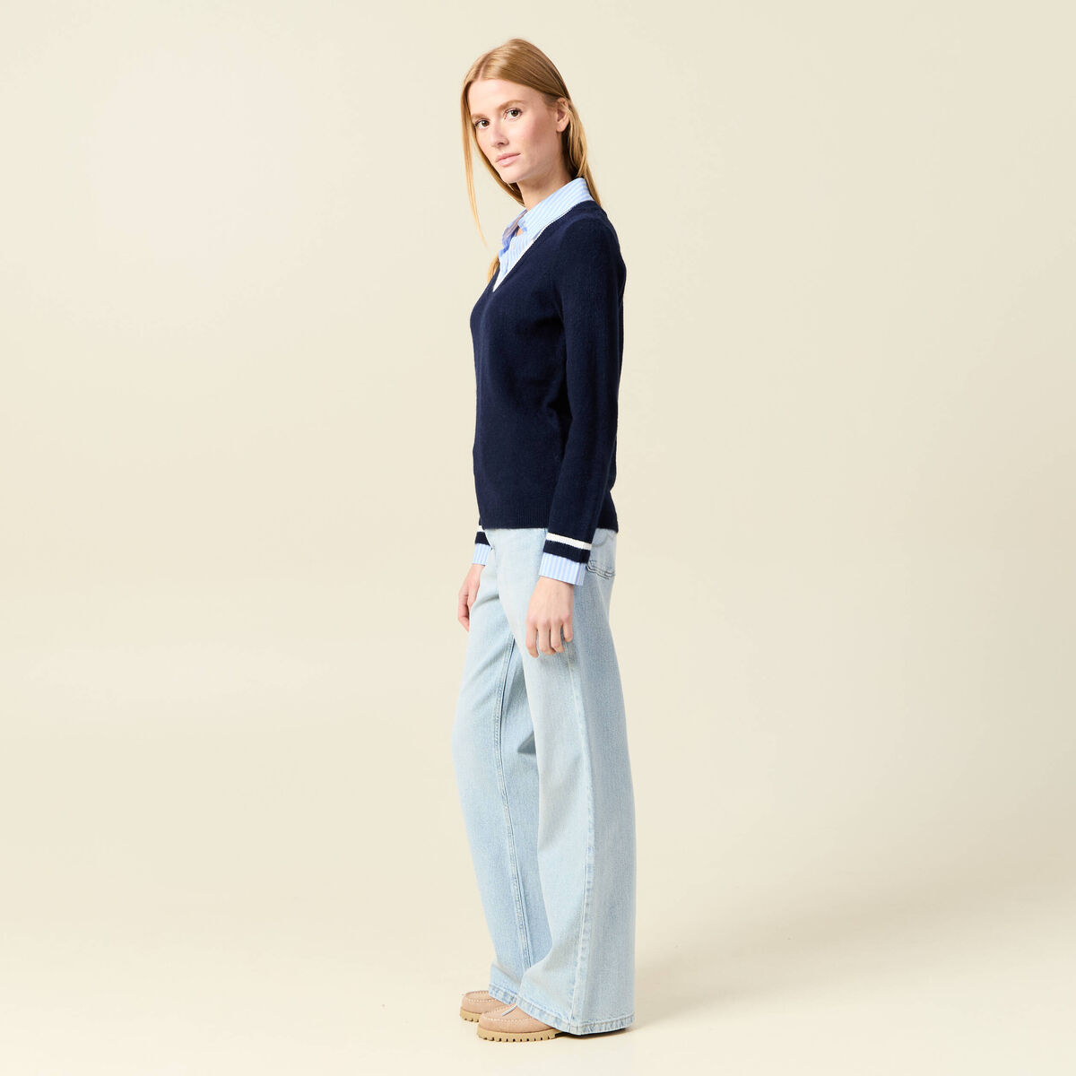 Pull manches longues 2-en-1 bleu fonc&eacute; femme