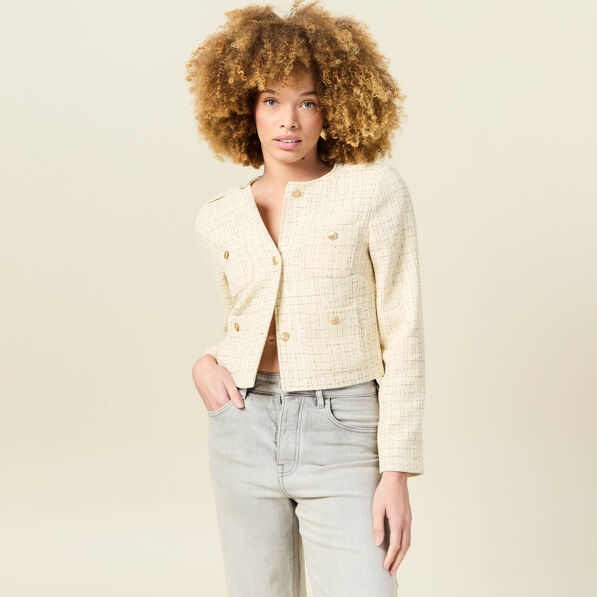 Veste tweed courte jaune pastel femme