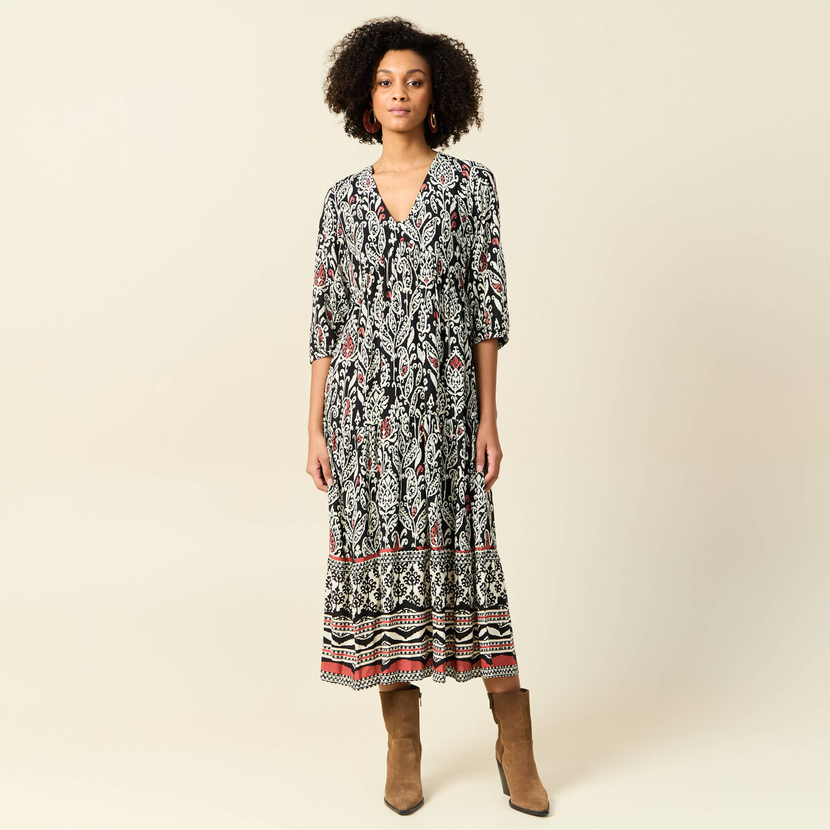 Robe longue évasée noir femme